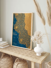 Blue Gold Floral Wall Art featuring intricate, ornate gold patterns of flowers and vines on a rich blue background, with overlapping gold sections. - Image 3