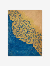 An ornate blue gold wall art print featuring intricate swirling patterns against a deep blue and beige background.