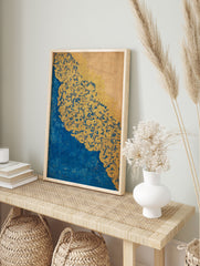 An ornate blue gold wall art print featuring intricate swirling patterns against a deep blue and beige background. - Image 3