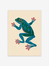 Vibrant blue and green frog art print with red accents on a light background, in an illustrative style.