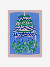 Illustrative blue and green pattern wall art print featuring a decorative hanging mobile design on a blue background with a pink border.