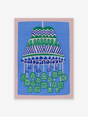 Illustrative blue and green pattern wall art print featuring a decorative hanging mobile design on a blue background with a pink border.
