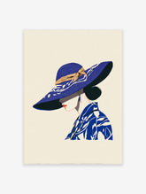 Illustrated Blue Hat Woman Wall Art print, profile view, wearing a wide-brimmed blue hat with tan ribbon and patterned blue top