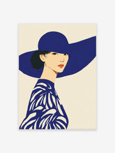 Illustrative art print of a woman in a wide-brimmed blue hat and patterned blue top against a cream background. Blue Hat Woman Wall Art.