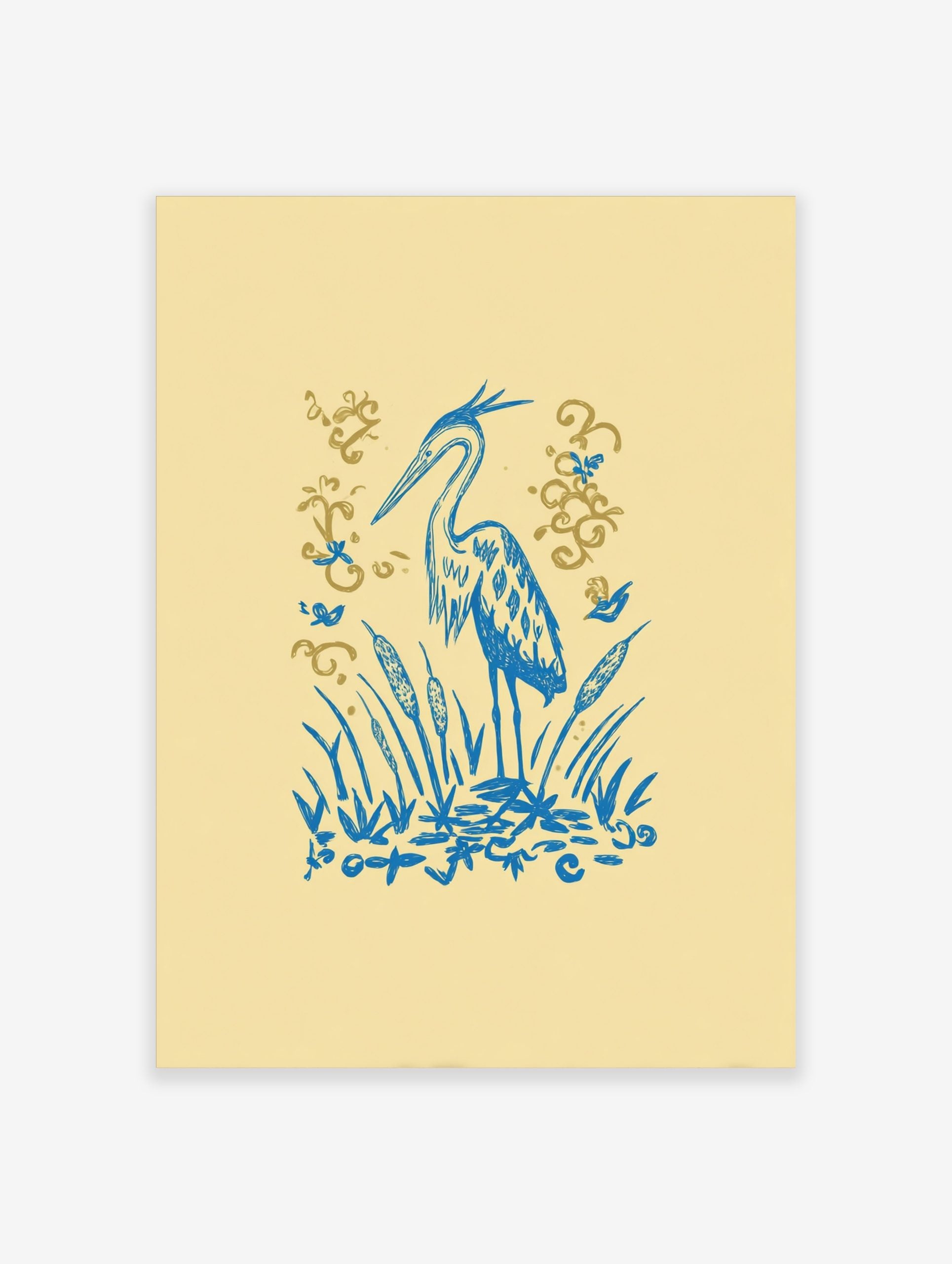 Illustrative blue heron standing amongst blue cattails and reeds with golden flourishes on a pale yellow background