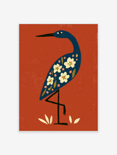 Blue heron art print with cream flowers and pink dots on rust-red background