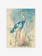 Blue heron bird wall art illustration in watercolour style, standing amidst reeds with a light blue sky