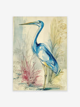 Blue heron watercolour illustration with blue washes, ink lines, and faint handwritten notes on a botanical background