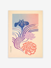 Blue iris and pink chrysanthemum Japanese floral poster with purple stems on pastel gradient background