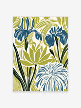 Blue iris and lotus flower art print with green leaves on white background