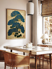 Blue Japanese folding fans with gold cracked texture and green leaves on a beige background, in a styled room mockup