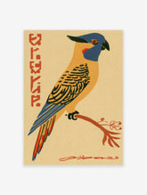 Vintage blue jay bird poster with blue head and tan body on a red branch with red calligraphy