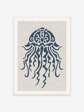Blue minimalist jellyfish illustration art print on a light textured background, ideal for ocean-themed decor.
