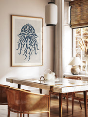 Blue minimalist jellyfish illustration art print on a light textured background, ideal for ocean-themed decor. - Image 2