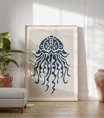 Blue minimalist jellyfish illustration art print on a light textured background, ideal for ocean-themed decor. - Image 3