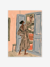 Woman in striped robe reaching for jar in blue cupboard kitchen poster