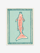 Blue koi fish poster with red patterned body and teal border on cream background