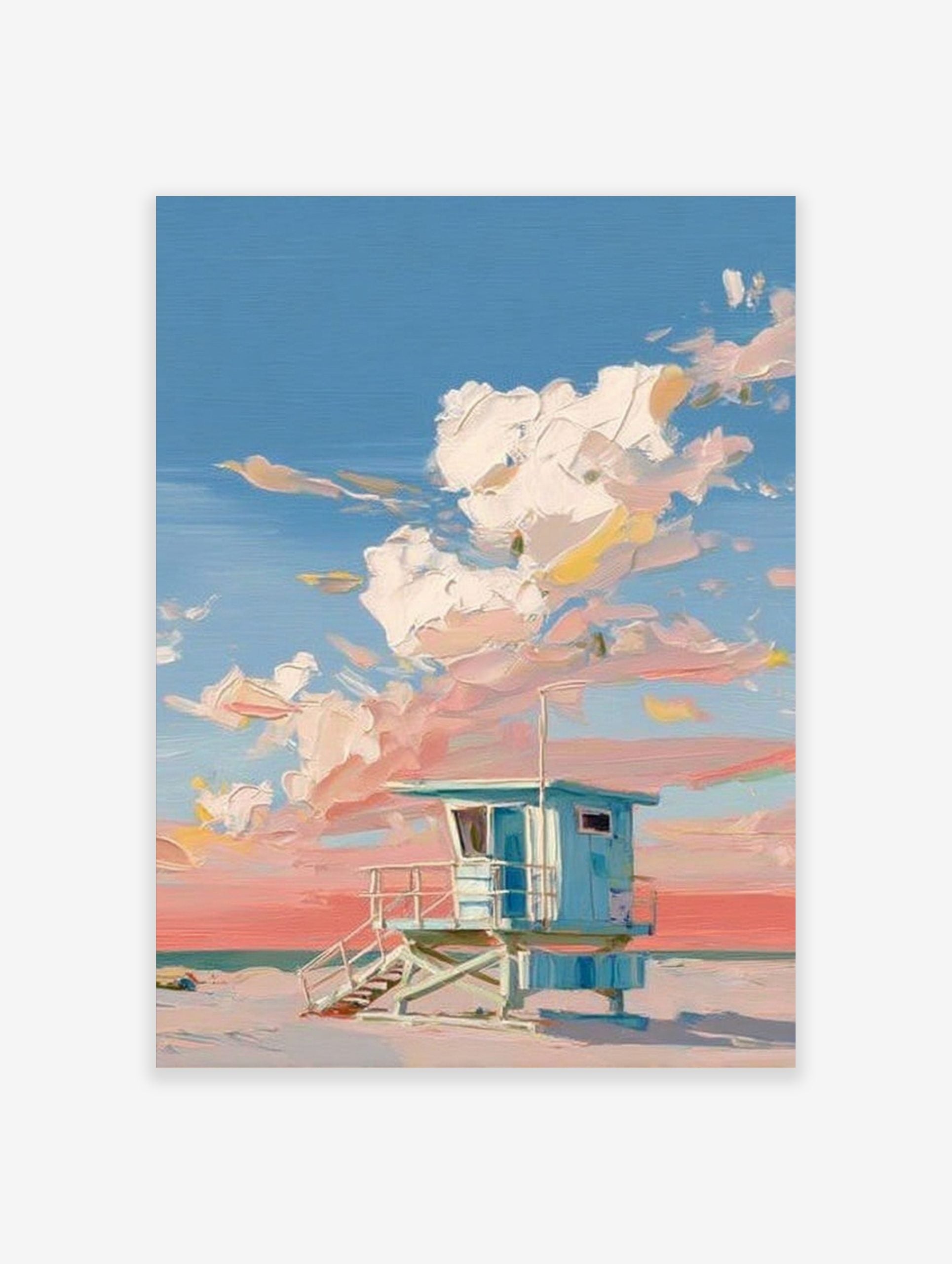 Blue lifeguard hut on a sandy beach with thick impasto clouds in a pink and blue sky