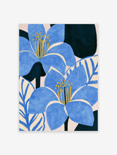 Blue lily flower poster with two blooms, yellow stamens, and stylised leaves on a cream and navy background