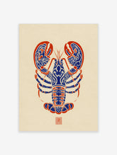 Blue lobster art print with red ornamental patterns on cream background