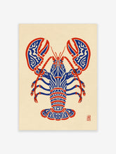 Blue lobster art print with red claws and white line patterns on cream background
