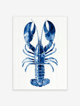 Blue lobster watercolour illustration art print with large claws on a white plank background