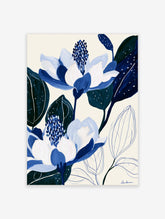 Blue lotus flower art print with white petals, navy leaves, and cream background