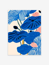 Modern blue lotus botanical illustration art print with pink flowers and green stems on a light cream background.