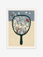 Blue magnolia hand mirror art print with white blossoms, brown branches and two red butterflies