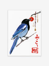 Blue magpie art print with red lantern, calligraphy, and seal on white background