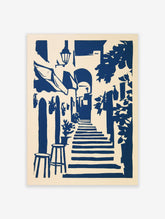 Blue and cream Mediterranean stairway poster with arched doorway, lantern, plant and stools