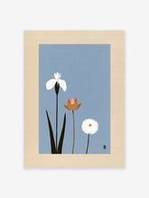 Minimalist flower poster with white iris, orange lotus and white daisy on a blue background