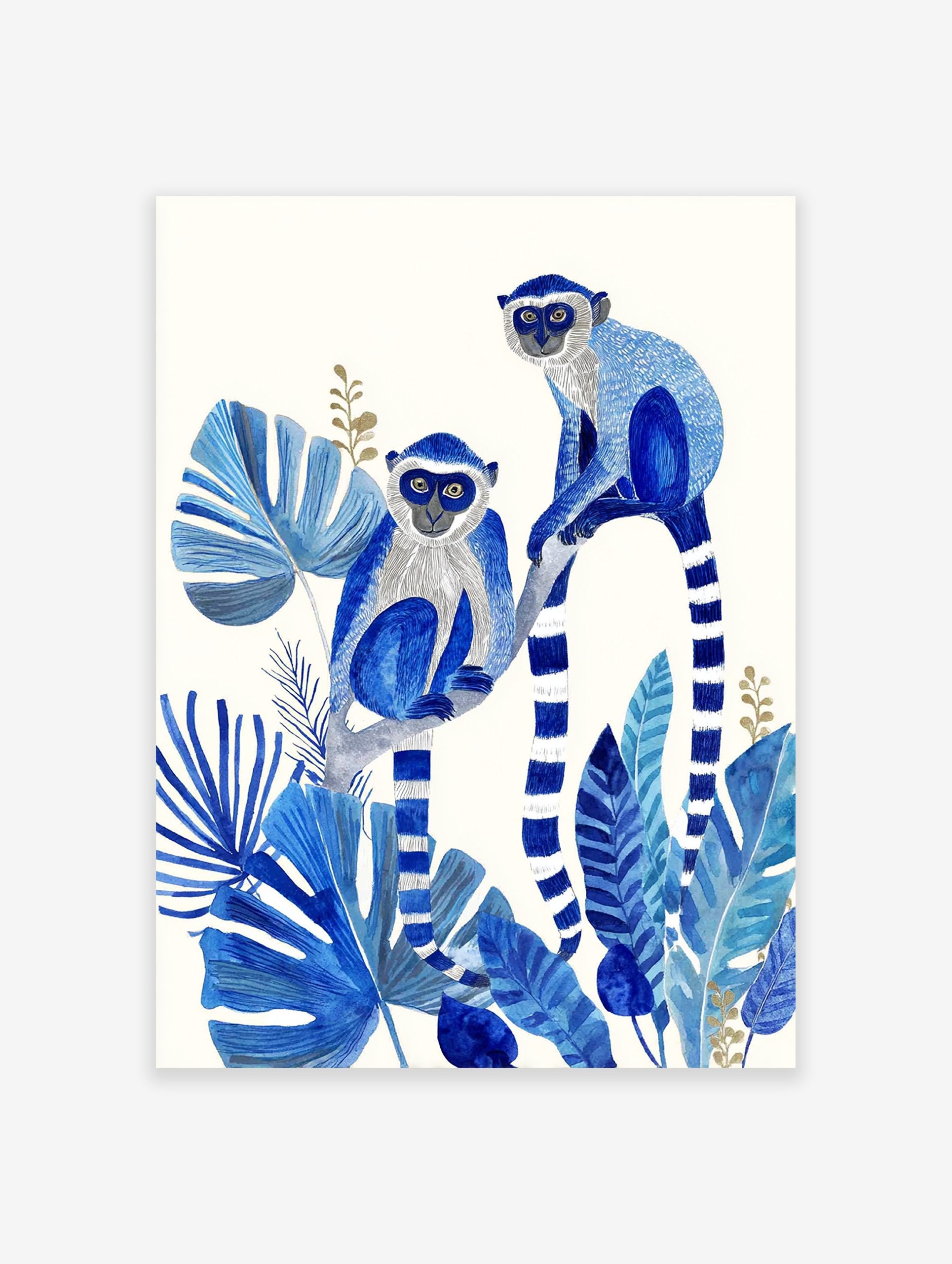 Blue monkey poster featuring two monkeys with white faces and striped tails among large blue tropical leaves and golden accents.