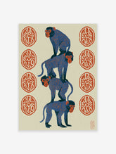 Blue monkey stack art print with four monkeys and red Japanese seals on cream background