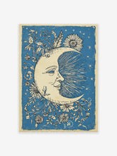 Blue Moon & Flowers Poster featuring a smiling crescent moon with a face, surrounded by floral vines and stars.