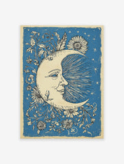 Blue Moon & Flowers Poster featuring a smiling crescent moon with a face, surrounded by floral vines and stars.