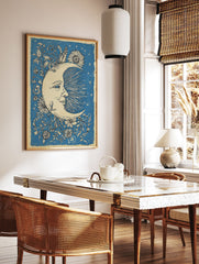 Blue Moon & Flowers Poster featuring a smiling crescent moon with a face, surrounded by floral vines and stars. - Image 2