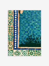 Blue mosaic tile art print of a cat peering over a tiled pool edge with green geometric borders
