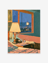 Painterly motel room poster with lit lamp, rotary phone, open book, and car outside a blue dusk window