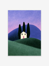 Minimalist landscape poster with white house, three cypress trees, green hills, blue mountain, and pastel sky