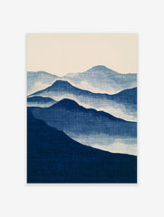 Minimalist blue mountain landscape wall art print with layered peaks and misty atmospheric effect