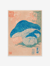 Japanese botanical print of three blue mushrooms with pale gills on green grass, peach background, red seals