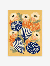 Blue and white nautilus shell poster with orange coral and white anemones on a yellow background