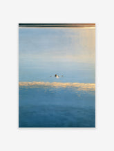 Minimalist ocean art print of a lone swimmer floating in calm blue water with golden light
