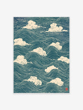 Blue ocean wave pattern with cream clouds in Japanese woodblock style