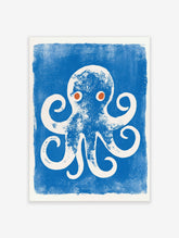 Blue octopus poster with white textured octopus, curled tentacles and orange eyes on blue background