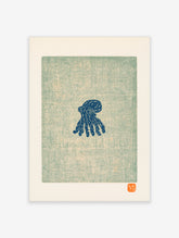Blue octopus illustration on textured green background, Japanese woodblock style paper print