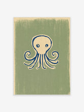 Blue octopus art print with cream body, navy outline, curled tentacles on green background