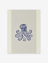 Navy blue stylised octopus with white eyes and swirling tentacles on a light grey background
