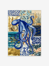 Blue octopus illustration over a vintage marine life and blue tile pattern collage art print